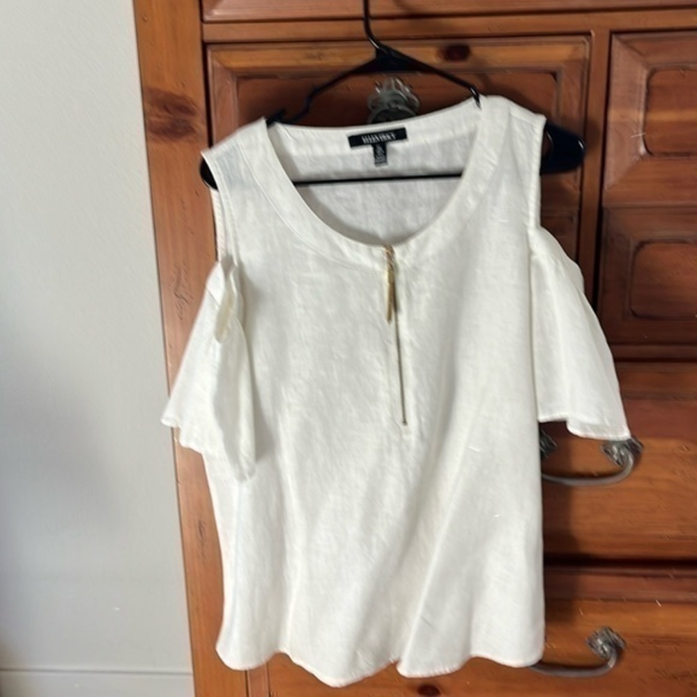 Ellen Tracey Women’s White Cold Shoulder Blouse Top Size Large EUC